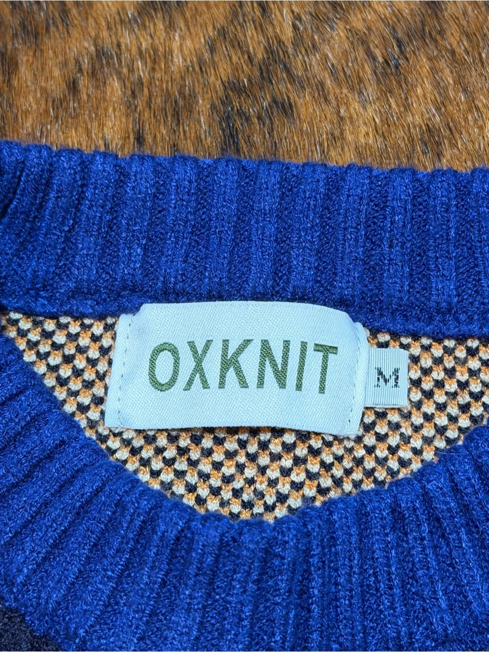 OXKnit Men's Dark Blue Retro 1974 Jacquard Crew Neck Knit Sweater Sz M 70’s